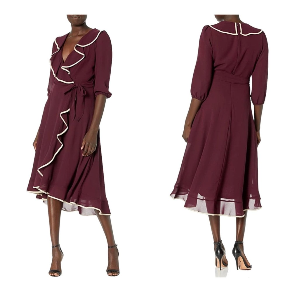 Gabby Skye *NWT* Womens 3/4 Sleeve V-Neck Midi A-Line Dress, Burgundy Sz 14